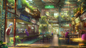 2boys 3girls bench bilingual_commentary brown_pants chair commentary commentary_request english_commentary green_hair grey_shorts hand_in_pocket hanging_light hat highres indoors long_sleeves mall mixed-language_commentary multiple_boys multiple_girls neur on_bench on_chair original pants people plant purple_shirt red_shirt scenery shirt short_sleeves shorts sign sitting slice_of_life standing table tile_floor tiles vines white_shirt white_sleeves