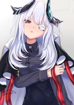 1girl black_shirt black_skirt cape closed_mouth coat coat_on_shoulders collared_shirt eyepatch gradient_background grey_background head_tilt heaven_burns_red highres horns long_hair long_sleeves looking_at_viewer one_eye_covered red_eyes ribbon shirt simple_background skirt solo suimei_(ramebi3) upper_body white_hair yamawaki_bon_ivar