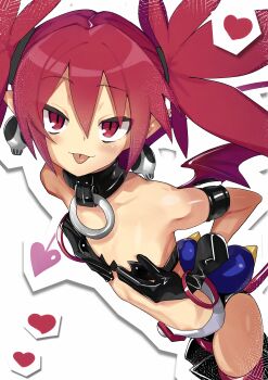 1girl :p absurdres bandeau bare_shoulders black_bandeau black_collar black_gloves blush closed_mouth collar commentary_request cowboy_shot demon_girl demon_tail demon_wings disgaea etna_(disgaea) flat_chest gloves heart highres jank365m looking_at_viewer red_eyes red_hair simple_background solo tail tongue tongue_out twintails variant_set white_background wings