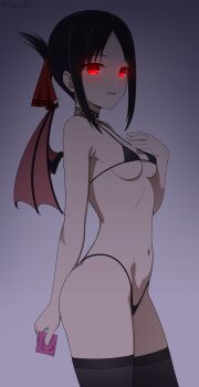 1girl absurdres bikini black_bikini black_hair black_thighhighs breasts choker condom condom_wrapper cowboy_shot demon_wings folded_ponytail glowing glowing_eyes highres holding holding_condom kaguya-sama_wa_kokurasetai_~tensai-tachi_no_renai_zunousen~ looking_at_viewer micro_bikini parted_lips red_eyes red_ribbon ribbon shinomiya_kaguya simple_background skindentation small_breasts solo swimsuit thighhighs white_background wings yisusjpl