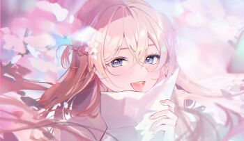 Rule 34 | 1girl, absurdres, cherry blossoms, eyelashes, fingernails, flower, grey eyes, hair between eyes, hair flower, hair ornament, happy, highres, holding, holding paper, long hair, looking at viewer, open mouth, original, paper, pink flower, pink hair, pink theme, sidelocks, solo, teeth, tongue, totomong, upper body, upper teeth only