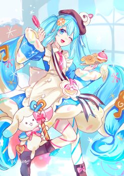 1girl animal apron aqua_eyes aqua_hair asymmetrical_legwear blue_bow blue_dress blue_eyes blue_hair blue_sleeves blush boots bow bowtie bread brown_boots brown_hat commentary_request dessert detached_sleeves dress dress_bow food food-themed_clothes food-themed_hat_ornament frilled_apron frills fruit fur-trimmed_dress fur-trimmed_sleeves fur_trim hair_between_eyes hair_ornament hat hat_ornament hatsune_miku heart highres holding holding_plate holding_tongs knee_boots long_hair long_sleeves looking_at_viewer mismatched_legwear necktie official_alternate_costume official_alternate_hairstyle one_eye_closed open_mouth pantyhose pink_necktie plate puffy_sleeves rabbit_yukine ramune55ni short_sleeves smile snowflake_print strawberry striped_clothes striped_pantyhose tongs twintails two-tone_sleeves very_long_hair vocaloid wavy_hair white_apron yuki_miku yuki_miku_(2026)
