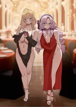 Rule 34 | 2girls, ambulocetus, black dress, blonde hair, blush, breasts, cellphone, cleavage, commentary request, dress, drill hair, female pubic hair, full body, high heel sandals, high heels, highres, hyakumantenbara salome, large breasts, long hair, multiple girls, nijisanji, no panties, pelvic curtain, phone, photo background, pink eyes, pink hair, pubic hair, pubic hair peek, red dress, red eyes, revealing clothes, sandals, smartphone, takamiya rion, virtual youtuber