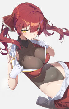 1girl black_leotard blush breasts closed_mouth clothes_pull commentary covered_navel gloves heterochromia highres hololive houshou_marine houshou_marine_(1st_costume) large_breasts leotard leotard_under_clothes long_hair looking_at_viewer red_eyes red_hair red_skirt red_vest reulem see-through_cleavage see-through_clothes simple_background skirt skirt_pull solo thighs twintails vest virtual_youtuber white_background white_gloves yellow_eyes