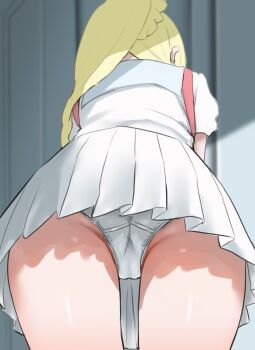 1girl absurdres bent_over blonde_hair braid commentary crotch_seam from_behind highres i_b_(yaun2242) lillie_(pokemon) loli long_hair nintendo panties pleated_skirt pokemon pokemon_sm ponytail shadow shirt short_sleeves skirt solo strap underwear white_shirt white_skirt