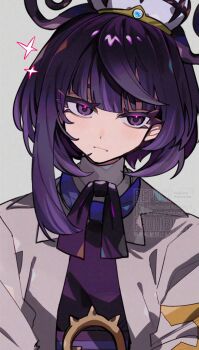 1girl blunt_bangs closed_mouth commentary grey_background gwynn_(pokemon) hat highres jacket kawasaki_(kwsk_8765) looking_at_viewer nintendo open_clothes open_jacket pokemon pokemon_legends:_z-a portrait purple_eyes purple_hair purple_shirt shirt short_hair simple_background solo sparkle watermark white_hat white_jacket