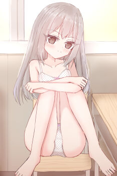 1girl absurdres barefoot blush bow bow_bra bow_panties bra breasts brown_eyes chair classroom collarbone crotch_seam desk grey_hair highres hugging_own_legs lace lace-trimmed_panties lace_trim loli long_hair looking_at_viewer original panties pink_bow polka_dot polka_dot_bra polka_dot_panties shooko sitting small_breasts smile underwear white_bra white_panties window