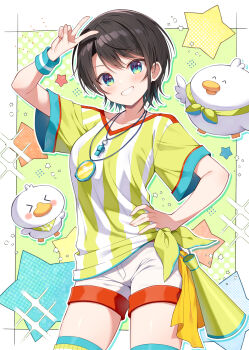 1girl black_hair blue_eyes clenched_teeth hand_on_own_hip hashtag-only_commentary highres hololive looking_at_viewer mauve oozora_subaru oozora_subaru_(1st_costume) shirt short_hair short_sleeves shorts smile solo star_(symbol) striped_clothes striped_shirt subaru_duck teeth thighs v vertical-striped_clothes vertical-striped_shirt virtual_youtuber white_shorts