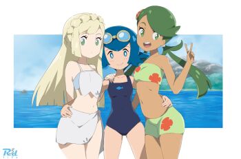3girls :d alternate_costume artist_name bikini black_one-piece_swimsuit blonde_hair blue_eyes blue_hair braid crown_braid dark-skinned_female dark_skin girl_sandwich goggles goggles_on_head green_bikini green_eyes green_hair hand_on_another&#039;s_hip hand_on_another&#039;s_shoulder lana_(pokemon) lillie_(pokemon) long_hair looking_at_viewer low_twintails mallow_(pokemon) multiple_girls nintendo ocean official_alternate_costume one-piece_swimsuit open_mouth pokemon pokemon_(anime) pokemon_sm012 pokemon_sm_(anime) r3dfive sandwiched sarong smile strapless strapless_bikini swimsuit tankini twintails v white_bikini