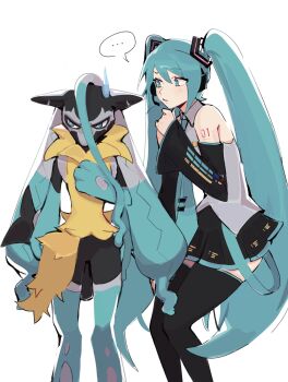 ... 1girl black_fur black_skirt black_sleeves black_thighhighs blue_eyes blue_fur blue_hair collared_shirt crossover detached_sleeves grey_shirt hatsune_miku highres hyoon_(sockgyu) long_hair looking_to_the_side mega_lucario_z multicolored_fur nintendo pokemon pokemon_(creature) shirt simple_background skirt sleeveless sleeveless_shirt speech_bubble thighhighs twintails vocaloid white_background yellow_fur