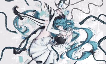 Rule 34 | 1girl, absurdres, aqua hair, asymmetrical legwear, backless dress, backless outfit, bear trap, black bow, black dress, black hat, black shoes, black socks, bow, breasts, card, chain, detached sleeves, dress, fangs, from side, full body, grey background, grey eyes, hair bow, hair over one eye, hair rings, hat, hat ornament, heart, highres, holding, holding card, joker (playing card), kneehighs, legs up, liangxinzang, long hair, looking at viewer, looking to the side, low-tied long hair, mismatched legwear, party hat, path to nowhere, playing card, pointy ears, pointy shoes, poker, queen (playing card), scales, serpent (path to nowhere), shoes, slit pupils, smile, snake, socks, solo, star (symbol), star hat ornament, striped clothes, striped socks, two-tone dress, two-tone hat, two-tone socks, vertical-striped clothes, vertical-striped socks, very long hair, white dress, white hat, white sleeves, white socks