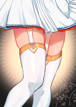 1girl close-up dress feet_out_of_frame garter_straps highres hololive leg_focus pleated_dress sasaki_(glass1138) shiranui_flare shiranui_flare_(1st_costume) skindentation solo standing thighhighs virtual_youtuber white_dress white_thighhighs