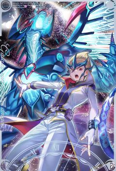 1boy belt blonde_hair blue_eyes blue_hair border character_name coat dragon duel_disk english_text galaxy-eyes_photon_dragon heterochromia highres male_focus moemoenomori pants red_eyes short_hair tenjou_kaito white_border white_coat white_pants yu-gi-oh! yu-gi-oh!_zexal