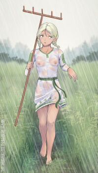 1girl absurdres averting_eyes barefoot blonde_hair braid braided_twintails breasts commentary day dress english_commentary field full_body green_ribbon highres holding_rake iskanderednaksi long_sleeves nipples original outdoors overcast parted_lips rain raised_inner_eyebrows rake ribbon see-through_clothes see-through_dress short_hair sky small_breasts solo waist_ribbon walking wet wet_clothes wet_dress white_dress