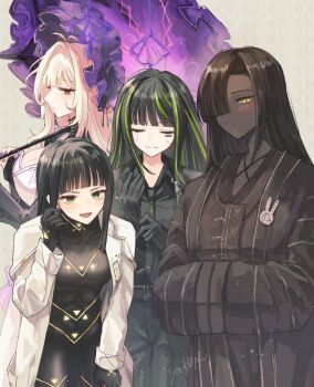 4girls alfonso_(project_moon) black_bodysuit black_gloves black_hair black_jacket black_shirt blonde_hair blunt_bangs bodysuit breasts brown_coat brown_hair cesara_(project_moon) cleavage closed_eyes coat collared_shirt dark-skinned_female dark_skin dulcinea_(project_moon) gloves green_eyes green_hair hair_over_one_eye holding holding_umbrella jacket light_smile limbus_company long_hair looking_at_viewer multicolored_hair multiple_girls open_clothes open_coat open_mouth parasol project_moon purple_umbrella red_eyes shirt streaked_hair two-tone_hair umbrella white_coat yellow_eyes york0pm zilu_(project_moon)