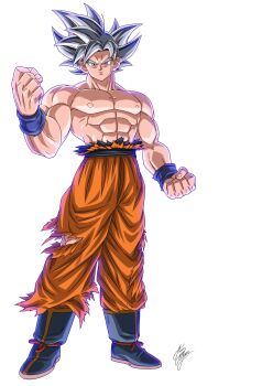 1boy abs blue_footwear clenched_hands dragon_ball dragon_ball_super full_body highres male_focus marco_albiero muscular muscular_male topless_male signature grey_eyes silver_hair solo son_goku torn_clothes ultra_instinct wristband