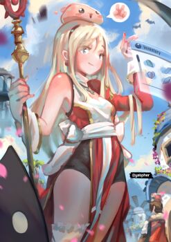 1boy 1girl :3 apple_on_head art_study back_bow black_shorts blonde_hair blue_eyes blue_sky blush bow breasts brown_hair cape closed_mouth cloud color_study commentary cowboy_shot day deviruchi dress english_commentary falling_petals gameplay_mechanics high_priest_(ragnarok_online) holding holding_staff juliet_sleeves long_hair long_sleeves lord_knight_(ragnarok_online) medium_breasts outdoors petals poring puffy_sleeves ragnarok_online red_cape red_dress sash short_hair shorts shorts_under_dress sky slime_(creature) small_breasts smile solo_focus staff two-tone_dress v white_bow white_dress white_sash windmill window_(computing) yatpher