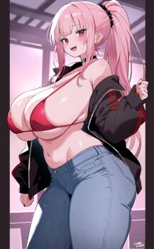 1girl absurdres armpit_crease artist_name bikini black_choker black_jacket black_scrunchie blue_pants blush breasts choker commentary denim earrings english_commentary fingernails hair_ornament hair_scrunchie highres hip_bones hololive hololive_english huge_breasts jacket jeans jewelry long_hair long_sleeves looking_at_viewer mori_calliope multicolored_jacket nail_polish navel o-rindou5100 open_clothes open_jacket open_mouth pants pink_bikini pink_eyes pink_hair ponytail red_jacket red_nails scrunchie sidelighting single_bare_shoulder skull_choker smile solo stomach striped_clothes striped_jacket stud_earrings sweat swimsuit teeth thick_thighs thighs two-tone_jacket upper_teeth_only virtual_youtuber