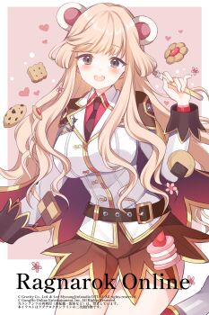 1girl absurdres animal_ears ayamisiro bear_ears belt black_belt black_eyes black_necktie blazer blonde_hair blush breasts brown_skirt cape checkerboard_cookie chocolate_chip_cookie collared_shirt commentary_request cookie copyright_name copyright_notice corked_bottle cowboy_shot fake_animal_ears food fruit genetic_(ragnarok_online) heart highres holding holding_vial jacket large_breasts long_hair looking_at_viewer macaron miniskirt necktie official_alternate_costume open_mouth pink_background potion ragnarok_online red_cape red_shirt shirt skirt smile solo strawberry thumbprint_cookie two-tone_background vial white_background white_jacket