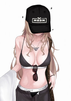 1girl absurdres alternate_costume animal_print baseball_cap black-framed_eyewear black_hat black_nails black_panties black_pants black_shorts black_sports_bra brand_name_imitation breasts brown_hair calvin_klein closed_mouth clothes_writing collarbone commentary covered_face english_commentary eyewear_hang fingernails glitter hat highres hololive hololive_english jewelry leopard_print long_hair medium_breasts multicolored_hair nail_polish nanashi_mumei navel necklace no_shirt open_fly panties pants shorts simple_background smile solo sports_bra stomach streaked_hair sunglasses underwear underwear_writing unmeidesu unworn_eyewear upper_body virtual_youtuber white_background wristband