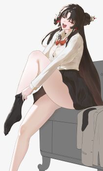 1girl absurdres adjusting_clothes adjusting_sock alternate_costume black_skirt black_socks breasts cleavage closed_eyes collared_shirt commentary_request highres hotori_(nte) immoralmouse large_breasts long_hair neverness_to_everness open_mouth shirt skirt socks solo teeth upper_teeth_only very_long_hair white_shirt