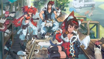 1boy 2girls animal_ear_fluff animal_ear_hairband animal_ears anton_ivanov asymmetrical_gloves barcode barcode_tattoo bare_shoulders bear_ear_hairband bear_ears belt black_hair black_shirt blush cable cable_tail cat cat_ears cat_girl cat_tail coat coat_on_shoulders collar corset crop_top elbow_gloves eyepatch facial_mark fake_animal_ears fang fingerless_gloves flame_print forehead_mark forehead_tattoo gloves grass hair_ornament hairband hashibiro_kou_(garapiko_p) headband highres koleda_belobog looking_at_another mechanical_tail metal_collar multiple_cats multiple_girls multiple_tails nekomiya_mana one_eye_closed open_mouth orange_eyes pants paw_pose pet_food red_corset red_eyes red_hair red_hairband red_sleeves shirt single_elbow_glove sphere_hair_ornament spiked_hair sweat tail tattoo thighhighs tree triangle triangle_facial_mark twintails two_tails uneven_gloves white_coat white_pants yellow_headband zenless_zone_zero