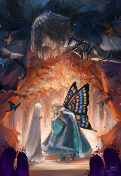 1girl 2boys blue_cape blue_eyes blue_robe bowing bug butterfly butterfly_wings cape centipede commentary dragonfly_wings english_commentary fate/grand_order fate_(series) fur-trimmed_cape fur_trim grey_hair highres insect insect_wings moth multiple_boys oberon_(fate) oberon_(first_ascension)_(fate) oberon_(third_ascension)_(fate) parted_lips puppet_strings renrenka_noi robe shirt short_hair signature symbolism veil white_robe white_shirt white_veil wings