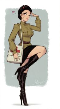 1girl black_boots black_hat black_skirt blue_eyes boots devilhs full_body green_jacket hat heart high_heel_boots high_heels highres jacket knee_boots leg_up looking_at_viewer miniskirt one_eye_closed original salute signature skirt solo white_bag