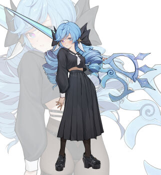 1girl absurdres black_sailor_collar black_shirt black_shoes blue_eyes blue_hair blush brown_pantyhose drill_hair gg_amang gwen_(league_of_legends) hair_ribbon highres holding holding_scissors league_of_legends long_skirt long_sleeves oversized_object pantyhose ribbon sailor_collar school_uniform scissors serafuku shirt shoes skirt solo twin_drills zoom_layer