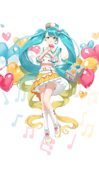 1girl 39 absurdres aqua_eyes aqua_hair aqua_nails bag balloon beret blonde_hair closed_mouth cropped_jacket gradient_hair hands_on_own_chest hat hatsune_miku heart_balloon highres leg_warmers long_hair looking_at_viewer magical_mirai_(vocaloid) magical_mirai_miku magical_mirai_miku_(2024) matmaj midriff multicolored_hair musical_note navel official_alternate_costume official_alternate_hairstyle pink_nails plaid_clothes plaid_skirt pleated_skirt shoes shorts shorts_under_skirt shoulder_bag skirt smile solo stomach twintails very_long_hair vocaloid white_hat white_leg_warmers white_shoes white_shorts yellow_skirt