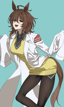 1girl agnes_tachyon_(tach-nology)_(umamusume) agnes_tachyon_(umamusume) ahoge animal_ears black_necktie brown_hair coat hair_between_eyes hem_peeking_out highres horse_ears horse_girl horse_tail lab_coat long_sleeves lut01 necktie pantyhose red_eyes shirt short_hair short_necktie sleeves_past_fingers sleeves_past_wrists smile solo sweater sweater_vest tail umamusume umamusume:_beginning_of_a_new_era white_coat wolf_cut yellow_sweater yellow_sweater_vest
