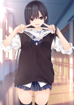 1girl black_eyes black_hair black_sweater_vest black_thighhighs blue_bow blue_bowtie blue_skirt blurry blurry_background bow bow_panties bowtie commentary_request cowboy_shot crotch_seam depth_of_field double_v fiesuke hallway hands_up highres holding holding_panties holding_underwear holding_unworn_clothes indoors long_hair miniskirt no_panties open_mouth original panties parted_bangs plaid_clothes plaid_skirt pleated_skirt presenting_removed_panties school_uniform see-through_clothes see-through_panties see-through_silhouette see-through_skirt shirt shirttail skirt solo standing straight_hair striped_bow striped_bowtie striped_clothes sweater_vest thighhighs three-quarter_sleeves underwear v white_panties white_shirt