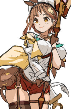 1girl aqua_neckerchief arm_under_breasts atelier_(series) atelier_ryza atelier_ryza_2 between_breasts blush bow breasts brown_bag brown_bow brown_eyes brown_gloves brown_hair brown_thighhighs closed_mouth commentary cowboy_shot english_commentary enma_(enmanuelart) garter_straps gloves gluteal_fold hat hat_bow highres holding holding_staff jacket large_breasts light_blush looking_to_the_side medium_hair neckerchief open_clothes open_jacket red_shorts reisalin_stout shirt shorts simple_background single_garter_strap single_thighhigh solo staff thick_thighs thigh_gap thighhighs thighs unfinished white_background white_hat white_shirt yellow_jacket