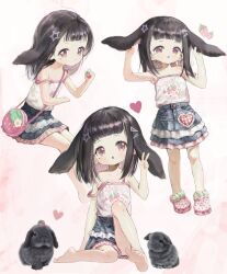 Rule 34 | 1girl, :o, absurdres, animal, animal ears, arms up, bag, bare arms, bare legs, bare shoulders, barefoot, black hair, black skirt, blush, brown eyes, camisole, commentary request, crocs, doubutsunoujyou, food, food-themed bag, food print, fruit, hair ornament, hairclip, hand on own ear, hand up, heart, highres, holding, holding food, knee up, long hair, mole, mole under eye, multiple views, original, parted lips, pink footwear, print camisole, pulling own ear, rabbit, rabbit ears, shoulder bag, sitting, skirt, soles, standing, star (symbol), star hair ornament, strap slip, strawberry, strawberry print, v, white camisole