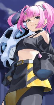 Rule 34 | 1girl, absurdres, black choker, black leggings, black shirt, black skirt, choker, cloud, coral (pokemon), cropped shirt, fang, fengling (furin-jp), gen 3 pokemon, glalie, grey eyes, hair ornament, highres, leggings, long sleeves, midriff, nintendo, pink hair, pokemon, pokemon (anime), pokemon (creature), pokemon horizons, shirt, skirt, sleeves past fingers, sleeves past wrists, twintails, two-tone leggings, two-tone skirt, x hair ornament, yellow leggings, yellow skirt