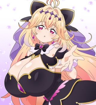 1girl :o absurdres alternate_breast_size_(larger) antenna_hair black_bow black_capelet black_dress blonde_hair blowing_kiss blush bow breasts brooch capelet cleavage commentary_request crossed_bangs cure_arcana_shadow diamond_hairband dot_nose dress earrings gradient_background gradient_hair hair_between_eyes hair_bow hair_intakes head_tilt heart heart_brooch highres hitokiwa_kenchin huge_breasts jewelry long_hair looking_at_viewer magical_girl meitantei_precure! moria_luluka multicolored_hair open_mouth petals polka_dot polka_dot_background precure purple_eyes purple_hair purple_veil shiny_skin simple_background solo upper_body veil white_wrist_cuffs wrist_cuffs