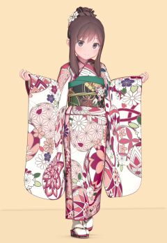 1girl 3d braid brown_eyes brown_hair child custom_udon dot_nose female_focus floral_print flower full_body hair_flower hair_ornament hairpin highres japanese_clothes jewelry kimono light_smile long_sleeves looking_at_viewer orange_background original print_yukata sash sidelocks sleeves_past_wrists socks solo standing tabi white_socks wide_sleeves yukata