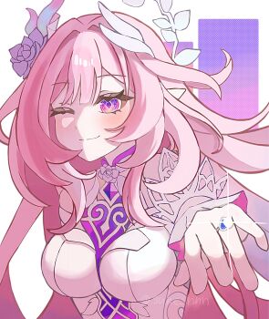 1girl ;) bare_shoulders breasts commentary_request cyrene_(honkai:_star_rail) cyrene_(ripples_of_past_reverie)_(honkai:_star_rail) diamond-shaped_pupils diamond_(shape) flower hair_flower hair_ornament halo highres honkai:_star_rail honkai_(series) jewelry large_breasts long_hair looking_at_viewer one_eye_closed pink_hair pointy_ears purple_eyes ring smile solo suke_nnn symbol-shaped_pupils very_long_hair wedding_ring
