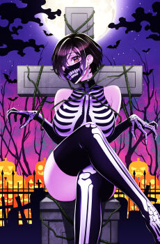 1girl absurdres black_hair bodysuit bone_print breasts costume earrings eyes_visible_through_hair hair_over_one_eye halloween halloween_costume highres jewelry koishikawa large_breasts looking_at_viewer multicolored_hair nijisanji orange_eyes shirayuki_tomoe short_hair skeleton skeleton_costume skeleton_print solo virtual_youtuber