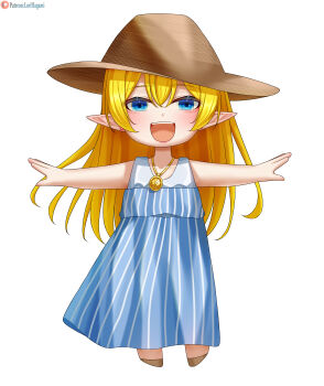 Rule 34 | 1girl, :d, absurdres, amamiya sora, amamiya sora (cosplay), artist name, blonde hair, blue dress, blue eyes, blush, chibi, commission, commissioner upload, cosplay, dress, elf, full body, hair between eyes, hat, highres, jewelry, long hair, looking at viewer, lori hagami, lotte farona, necklace, official art, open mouth, outstretched arms, patreon logo, patreon username, pointy ears, real life, simple background, sleeveless, sleeveless dress, smile, solo, spread arms, straw hat, striped clothes, striped dress, sun hat, teeth, upper teeth only, vertical-striped clothes, very long hair, ways of darkness (series), white background
