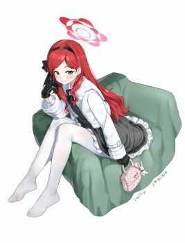 1girl absurdres arm_at_side armchair artist_name bag black_bow black_dress black_gloves black_hairband blue_archive blush bow chair commentary dated dress feet frilled_dress frills full_body fur-trimmed_jacket fur-trimmed_sleeves fur_trim gloves grin hair_behind_ear hair_bow hairband halo hand_up handbag highres holding holding_bag jacket knees_up leaning_forward long_hair long_sleeves looking_at_viewer medium_dress no_shoes open_clothes open_jacket pantyhose parted_bangs pink_bag red_hair red_halo shangdi_de_fa_zhang sidelocks simple_background sitting smile solo symbol-only_commentary takane_(blue_archive) toes very_long_hair wavy_ends white_background white_jacket white_pantyhose yellow_eyes