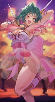 Rule 34 | 1girl, absurdres, breasts, cleavage, ellis (toushinden), green hair, highres, large breasts, leotard, toushinden, white leotard