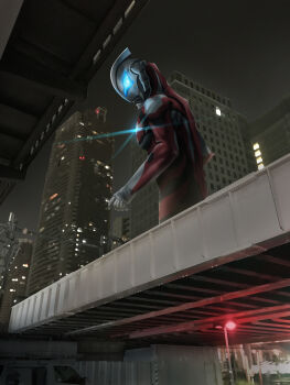 Rule 34 | 1boy, absurdres, alien, aqua eyes, black skin, bridge, building, city lights, color timer, colored skin, commentary request, from below, giant, highres, looking back, multicolored skin, night, outdoors, red skin, silver skin, solo, tokusatsu, ultra series, ultraman geed, ultraman geed (series), yoshifuto
