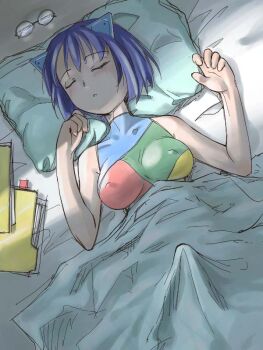 1futa 2k-tan animal_ears arms_up bare_shoulders bed bed_sheet blue_hair blush breasts breasts_apart bulge clenched_hand closed_eyes covered_erect_nipples dutch_angle erection erection_under_blanket erection_under_clothes fingernails folder from_above futanari glasses hair_ornament halterneck implied_futanari impossible_clothes impossible_leotard indoors large_breasts leotard light_rays long_fingernails lying medium_breasts morning_wood mrchamon no_testicles on_back open_mouth os-tan parted_lips pillow resize shade short_hair sketch skin_tight sleeping sleeveless solo turtleneck under_covers unworn_eyewear