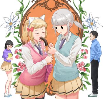 1boy 3girls angry animal_ear_hairband animal_ears badge bag bags_under_eyes banana black_hair black_pants black_thighhighs blonde_hair blue_shirt blue_sweater_vest blush bow button_badge cat_ear_hairband cat_ears chocolate-covered_food chocolate_banana closed_eyes clothes_writing collared_shirt commentary_request crossed_arms faceless faceless_female fake_animal_ears feeding flower food fruit futaki_shiki grey_hair hair_bow hairband hand_in_pocket highres holding holding_food kuroki_tomoki lily_(flower) long_hair long_sleeves mima_sachi minami_koharu miniskirt multiple_girls necktie okiru open_mouth pants pink_bag pink_bow pink_flower pink_sweater_vest pleated_skirt print_shirt purple_necktie purple_shirt school_uniform shirt shoes short_hair short_sleeves shoulder_bag sidelocks skirt solid_circle_eyes sprinkles standing sweater_vest teeth thighhighs twintails upper_teeth_only uwabaki watashi_ga_motenai_no_wa_dou_kangaetemo_omaera_ga_warui! white_flower white_hairband white_lily white_shirt white_shoes yellow_skirt