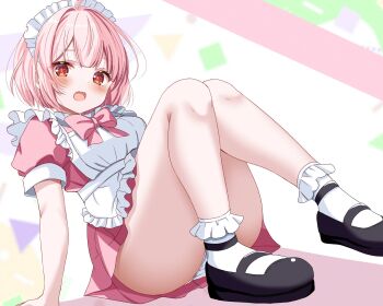 1girl ahoge apron arm_support black_shoes blush bow bowtie convenient_leg dot_nose dress frilled_apron frilled_socks frills full_body hair_intakes highres knees_together_feet_apart knees_up looking_at_viewer maid maid_headdress mary_janes open_mouth original panties pantyshot pink_bow pink_bowtie pink_dress pink_hair red_eyes sakura_mikan_(chirizakura) shoes short_hair sitting smile socks solo thighs underwear upskirt white_apron white_panties white_socks