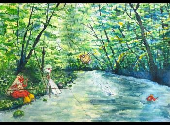 1girl 1other :3 arm_up arms_up beak bird_tail black_eyes blaziken blonde_hair blue_eyes bob_cut body_fur bucket clenched_hand colored_skin day feebas fish fishing fishing_rod flat_chest forest full_body furry gardevoir gen_1_pokemon gen_3_pokemon grass green_hair green_skin hair_over_one_eye holding holding_fishing_rod keishi_(pixiv_1245064) long_hair looking_up magikarp multicolored_skin nature nintendo on_ground one_eye_covered open_mouth outdoors painting_(medium) pokemon pokemon_(creature) red_eyes red_fur river scenery shallow_water short_hair short_tail sitting standing surprised tail traditional_media two-tone_fur two-tone_skin wading water watercolor_(medium) white_skin yellow_fur