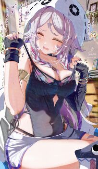 1girl asymmetrical_gloves bare_shoulders black_choker black_gloves black_leotard blush braid breasts choker citlali_(genshin_impact) cleavage closed_eyes commentary_request covered_navel facial_mark fingerless_gloves forehead_mark genshin_impact gloves hands_up highres itzpapa_(genshin_impact) kabu_usagi leotard long_hair lumine_(genshin_impact) medium_breasts open_mouth parted_bangs peanut_mouth pink_hair signature sitting small_sweatdrop strap_pull too_many_watermarks translation_request triangle triangle_facial_mark twin_braids twitter_username uneven_gloves very_long_hair watermark