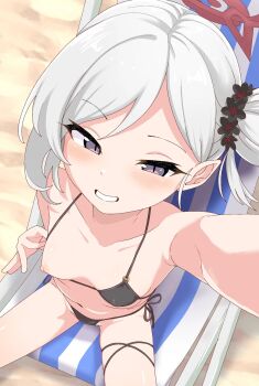 1girl bikini blue_archive blush breasts chair flashing flower grey_eyes grey_hair hair_flower hair_ornament halo highres loli long_hair looking_at_viewer lounge_chair mutsuki_(blue_archive) one_breast_out pointy_ears pulling_own_clothes selfie side_ponytail simple_background small_breasts smile solo string_bikini swimsuit tenuwi thigh_strap webp-to-png_conversion