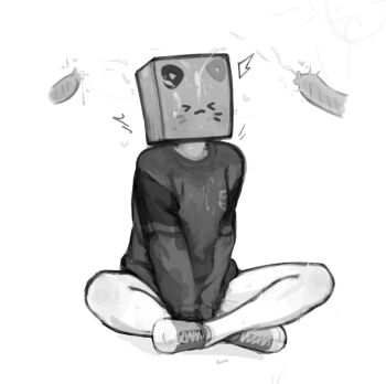 Rule 34 | > <, 1girl, box, cardboard box, crossed legs, cum, cum on body, cuptoast, disembodied penis, facial, greyscale, heart, monochrome, noir.empty4, penis, simple background, sitting, spoken heart, white background, youtube